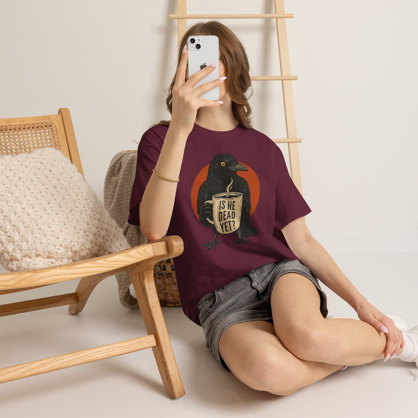 Raven Coffee Tee "Is He Dead Yet?" Humor T-Shirt