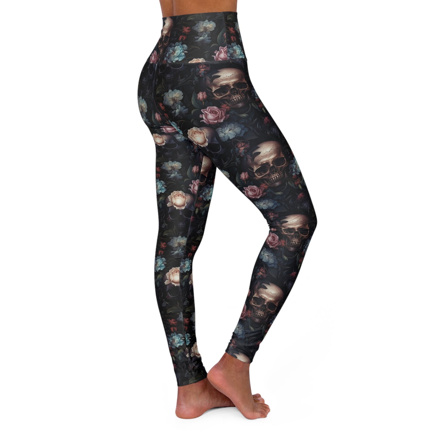 Skull & Rose High-Waist Yoga Leggings – Dark Floral Gothic Activewear