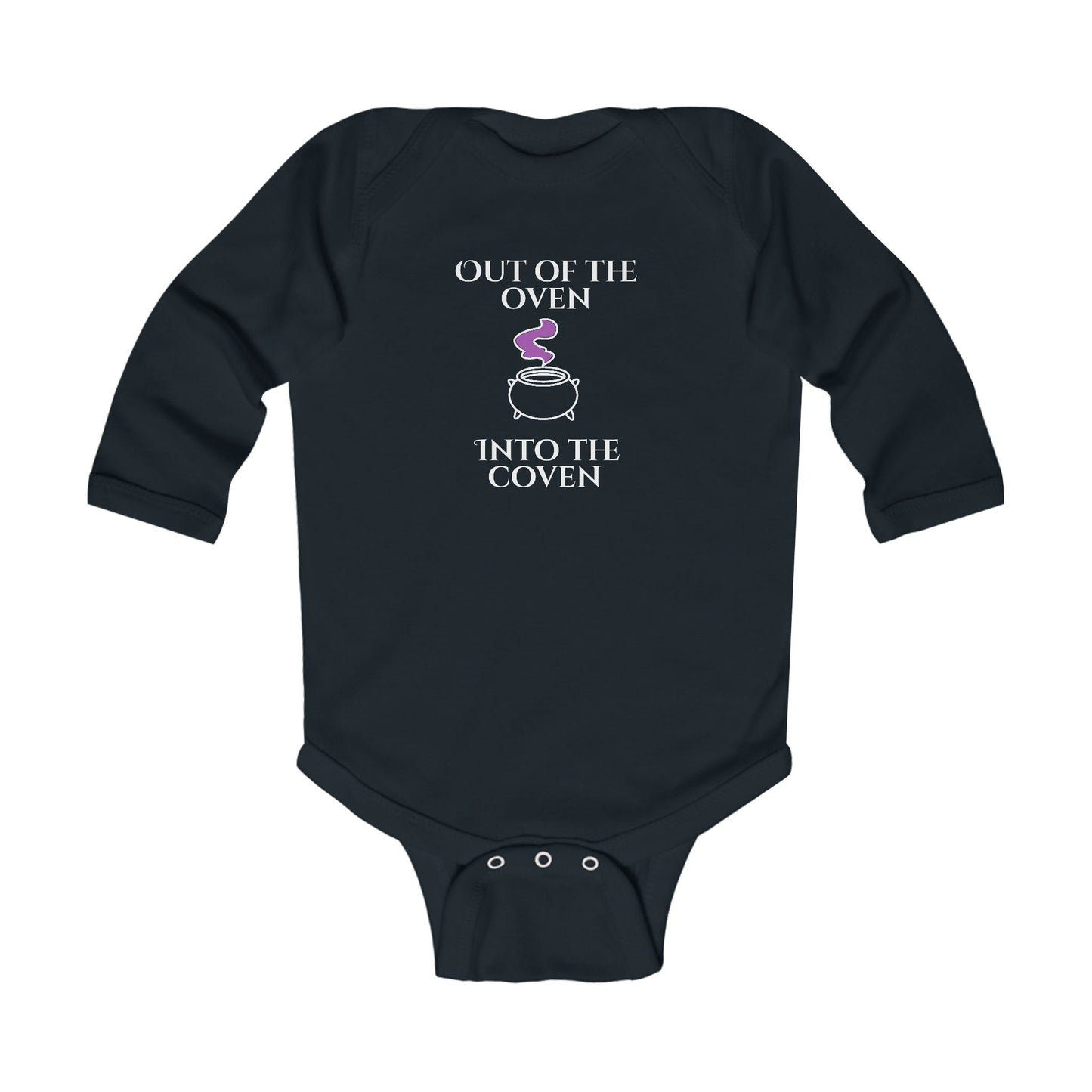 "Out of the Oven, Into the Coven" Witchy Baby Long Sleeve Onesie Infant Bodysuit