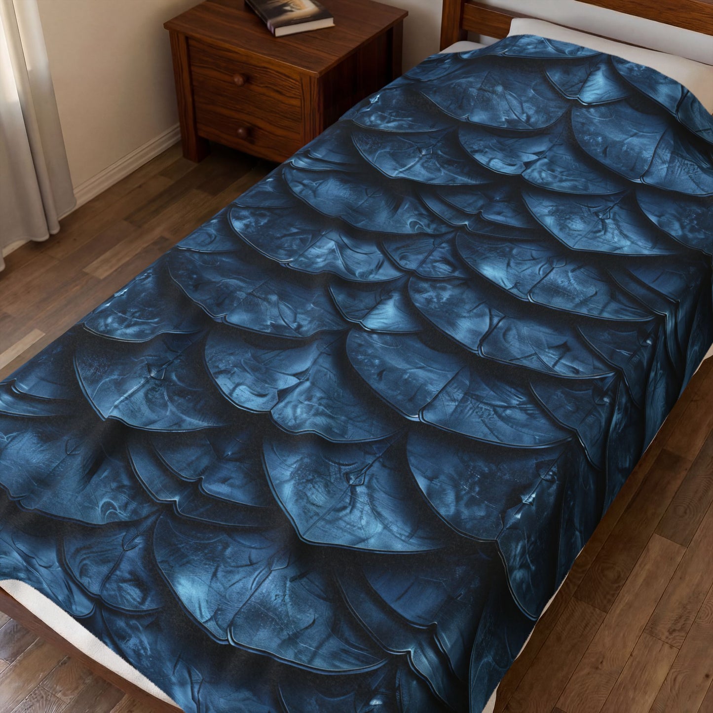 Velveteen Plush Blanket Deep Blue Dragon Mermaid Scale Throw
