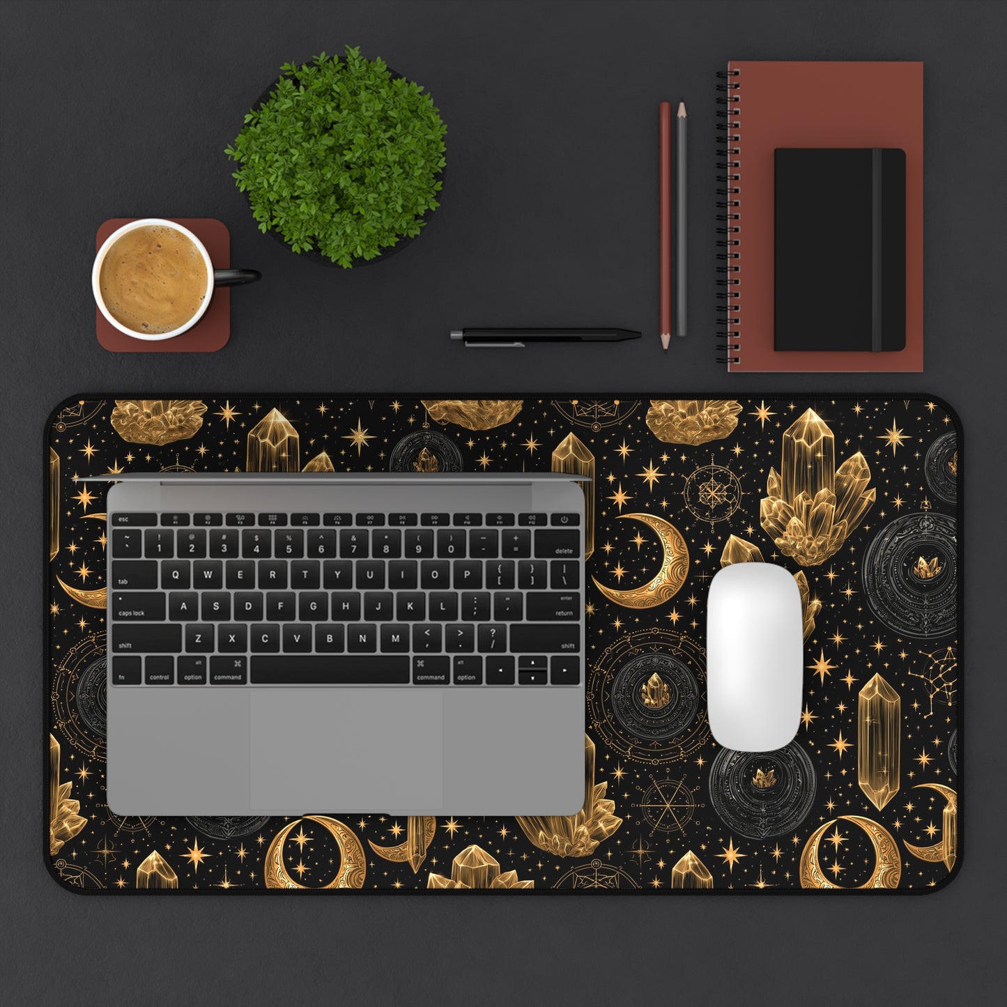 Mystic Gold Moon & Stars Crystals Desk Mat Gaming Work