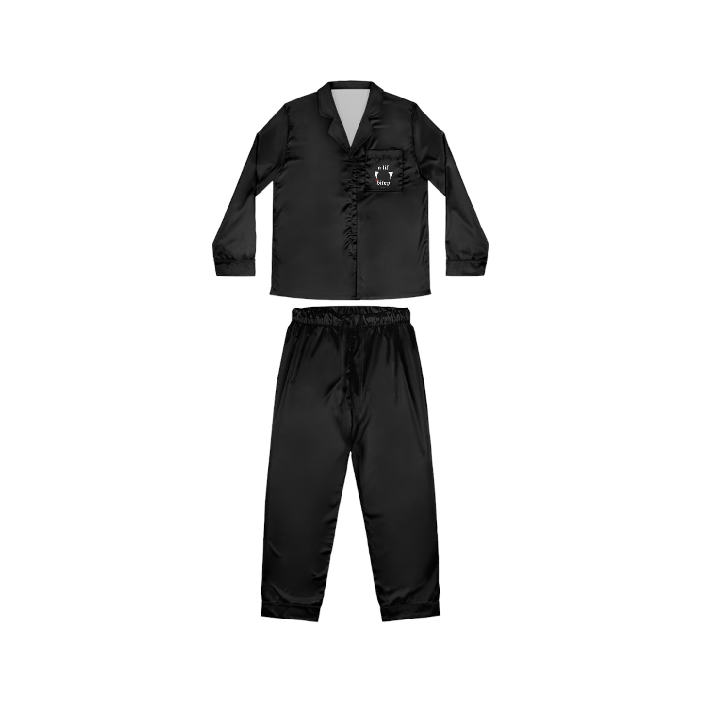 Black Satin Pajama Set — 'a lil' bitey' Vamp Cat Pocket & Leg Print