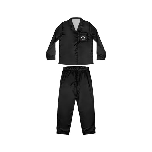 Black Satin Pajama Set — 'a lil' bitey' Vamp Cat Pocket & Leg Print