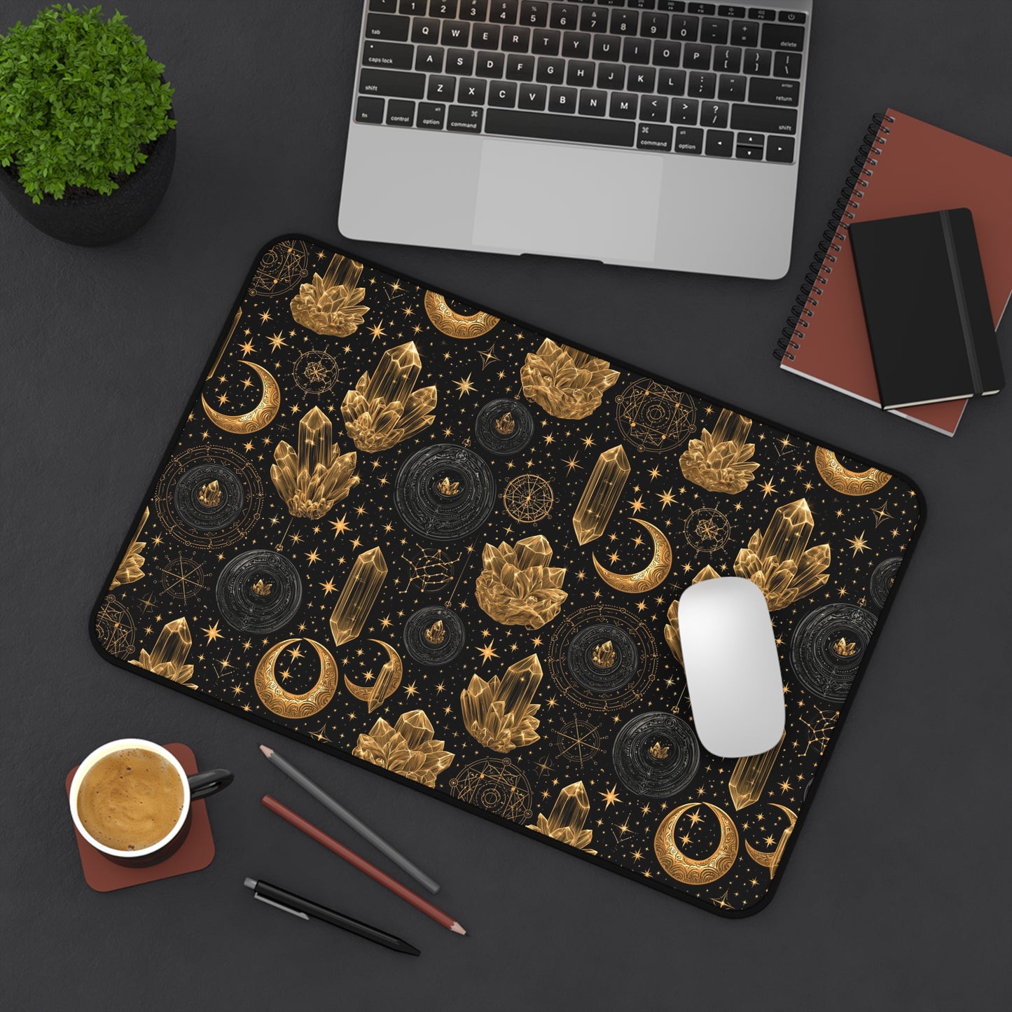 Mystic Gold Moon & Stars Crystals Desk Mat Gaming Work