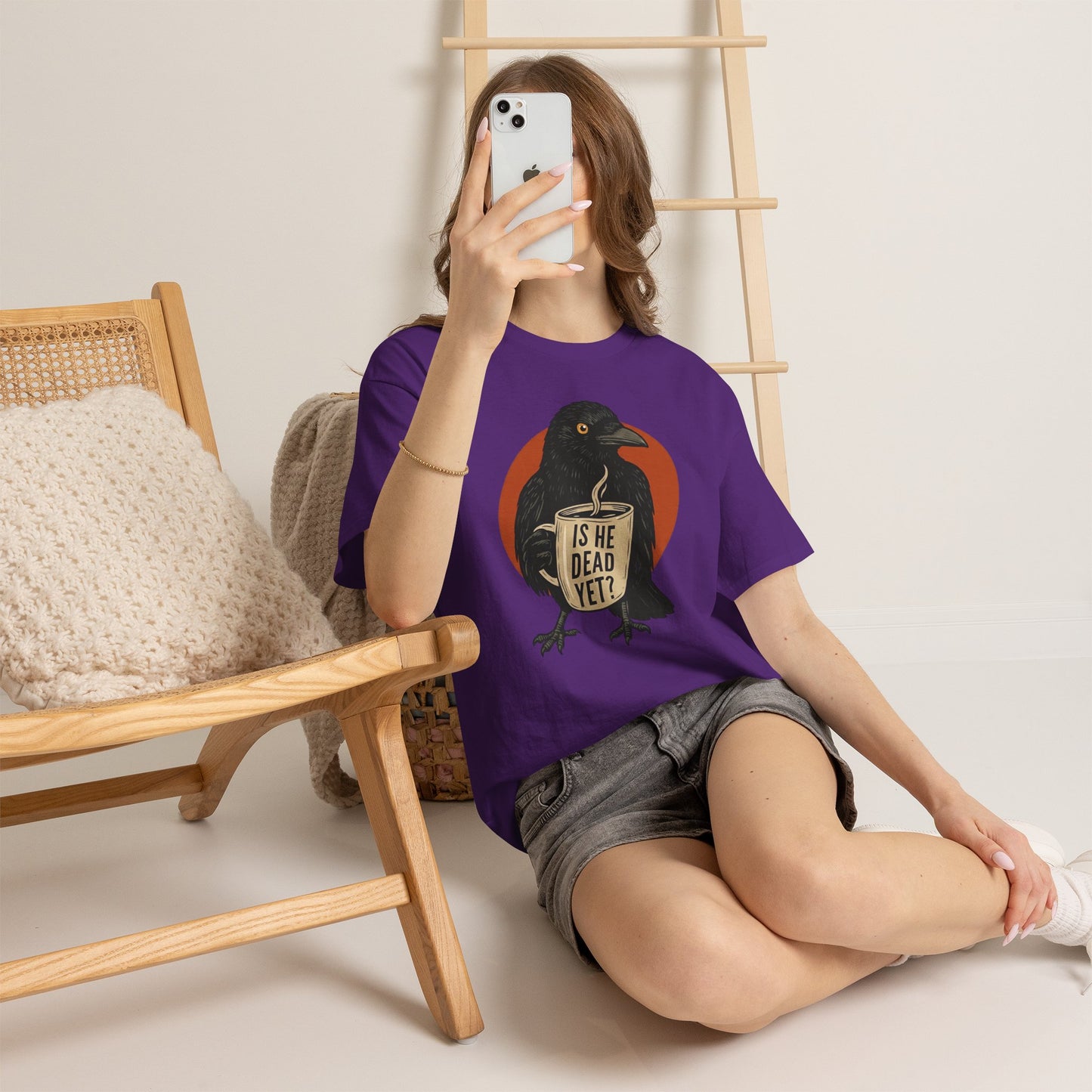 Raven Coffee Tee "Is He Dead Yet?" Humor T-Shirt