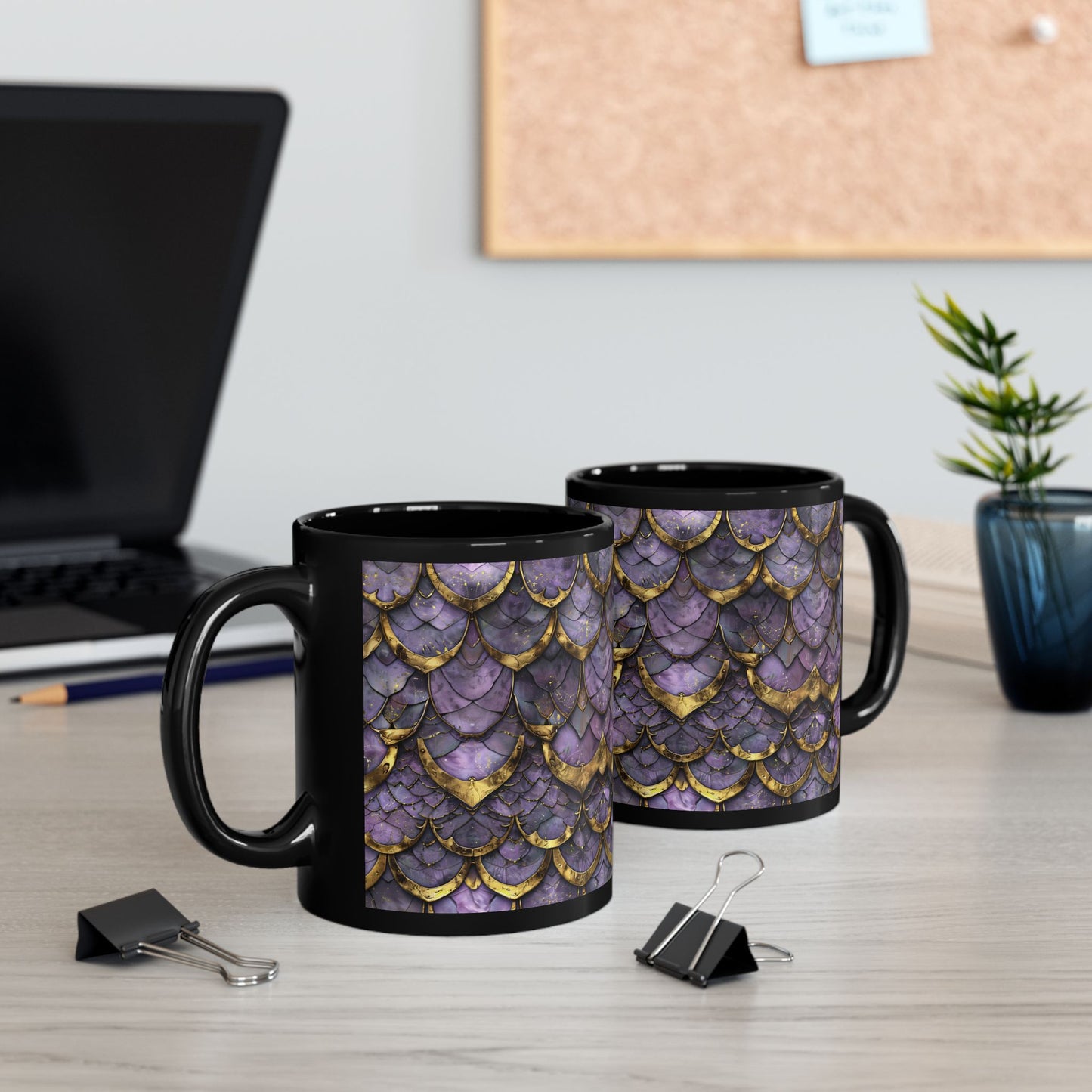 Black Mug Dragon Scales Purple with Gold 11oz and 15oz