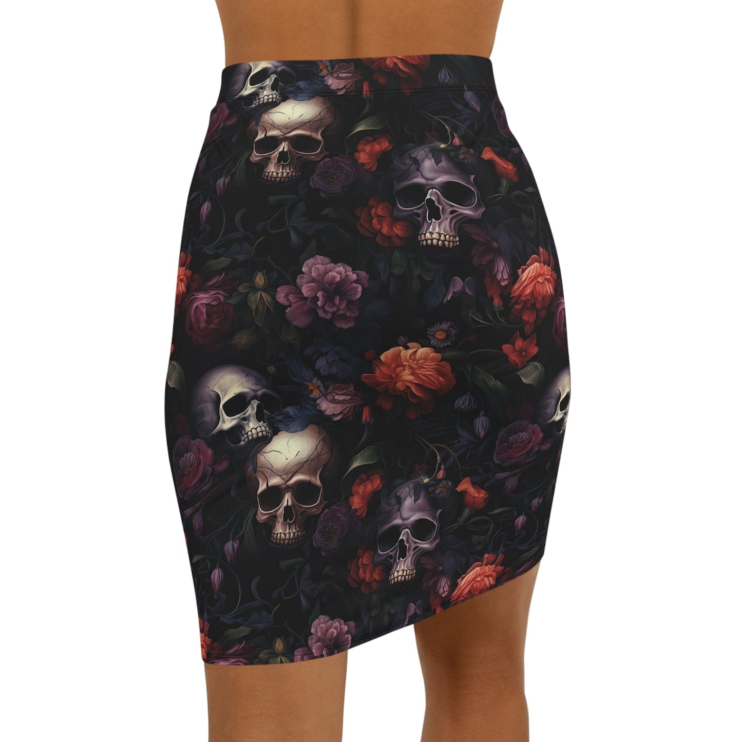 Skull & Roses Pencil Skirt Gothic Floral Mini