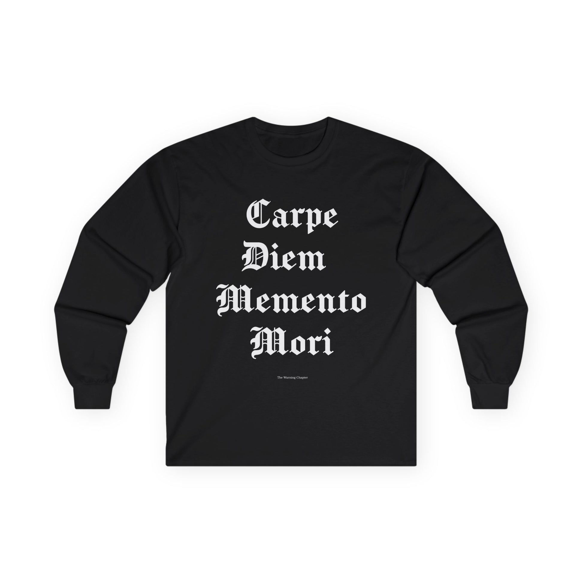 Black long-sleeve shirt with 'Carpe Diem Memento Mori' text on a white background