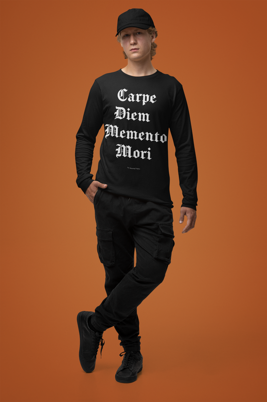 Carpe Diem Memento Mori gothic cotton shirt featuring dark literary text and moody statement apparel from The Warning Chapter.